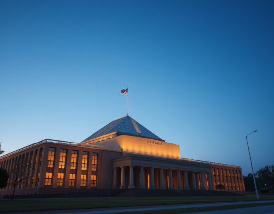 Australian Parliament House with digital blockchain overlay representing new crypto platform regulation.