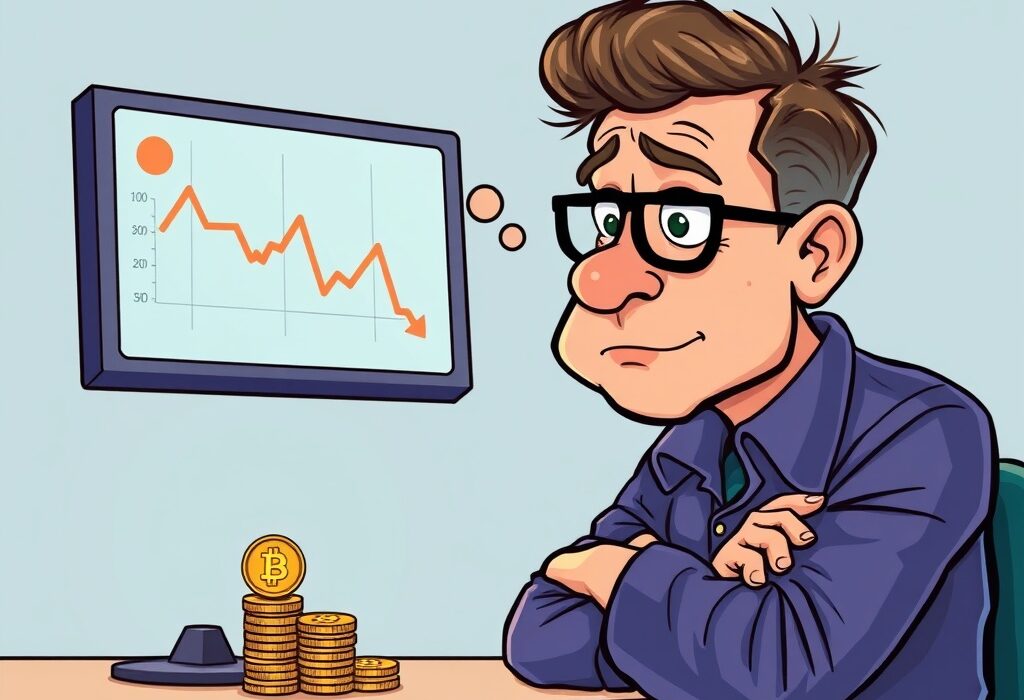 A cartoon investor contemplating the 4% drop in Australian SMSF crypto holdings, showing a digital asset chart declining.