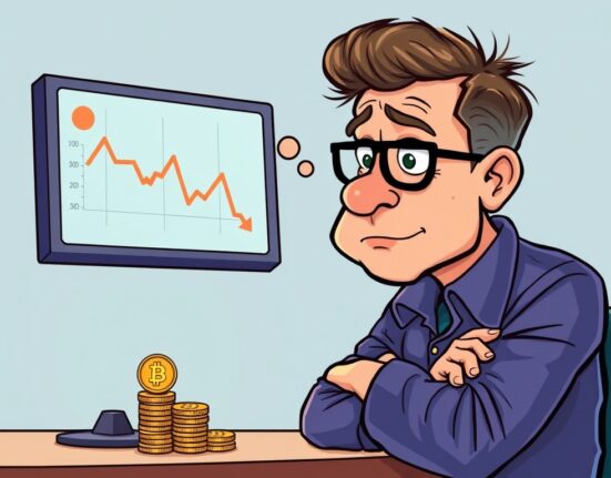 A cartoon investor contemplating the 4% drop in Australian SMSF crypto holdings, showing a digital asset chart declining.