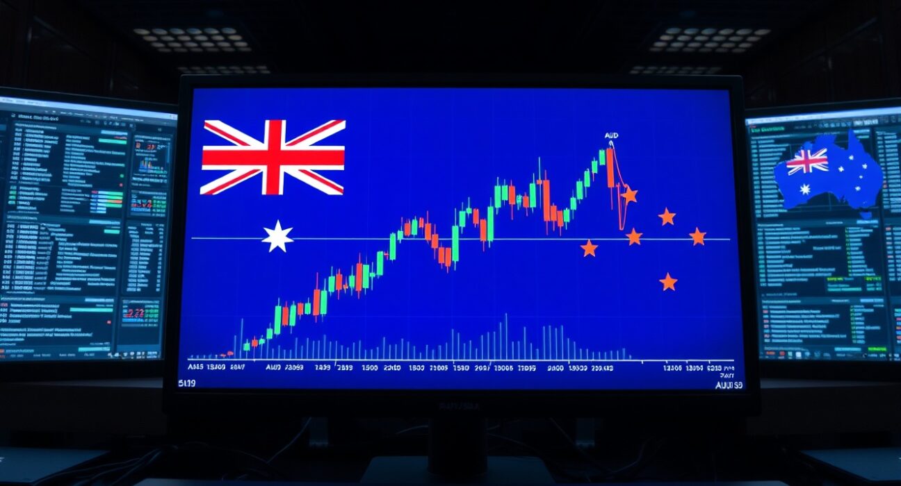 AUD/USD trading chart on a digital screen with Australian flag and map background
