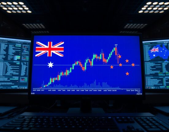 AUD/USD trading chart on a digital screen with Australian flag and map background