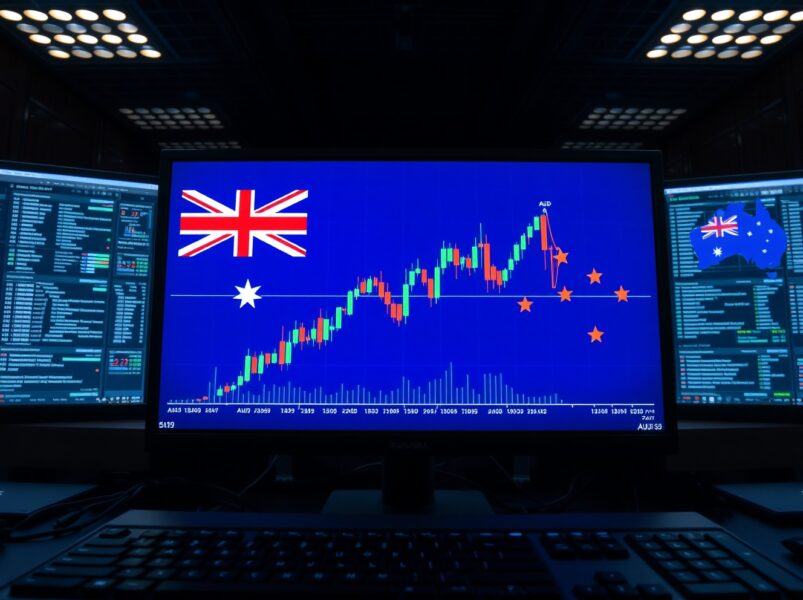 AUD/USD trading chart on a digital screen with Australian flag and map background