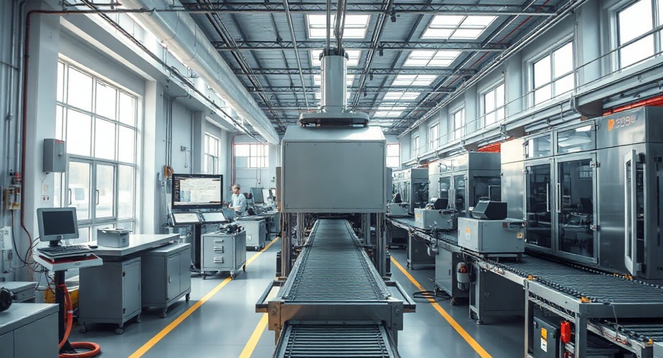 Interior of an Austrian manufacturing plant with production line and machinery