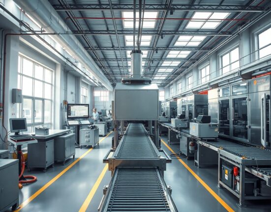 Interior of an Austrian manufacturing plant with production line and machinery