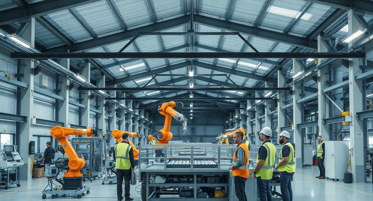 Interior view of a modern Austrian manufacturing facility with automated machinery and workers.