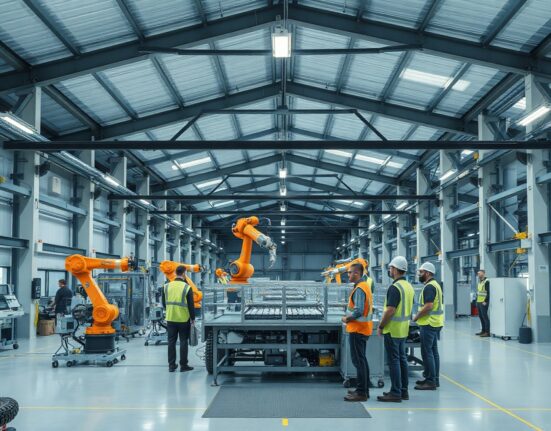 Interior view of a modern Austrian manufacturing facility with automated machinery and workers.