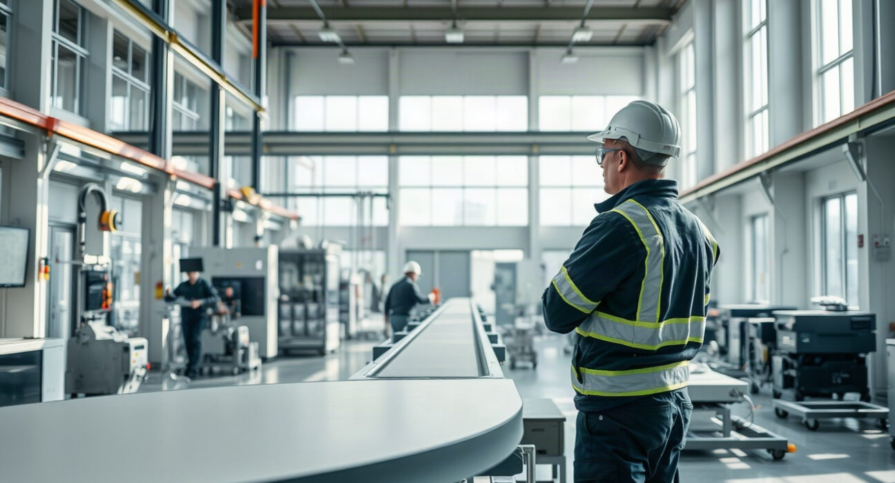Worker monitoring production line in a modern Austrian manufacturing plant