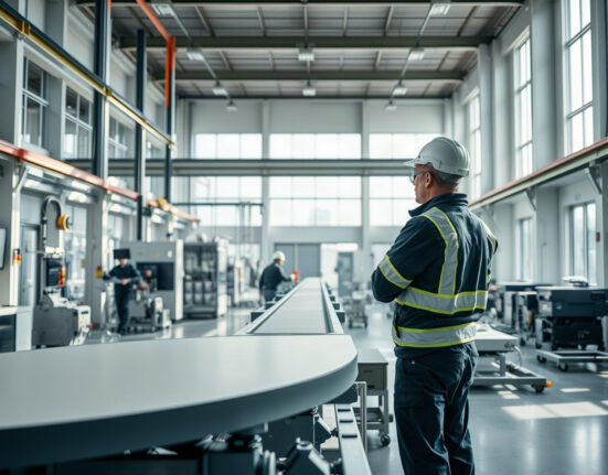 Worker monitoring production line in a modern Austrian manufacturing plant