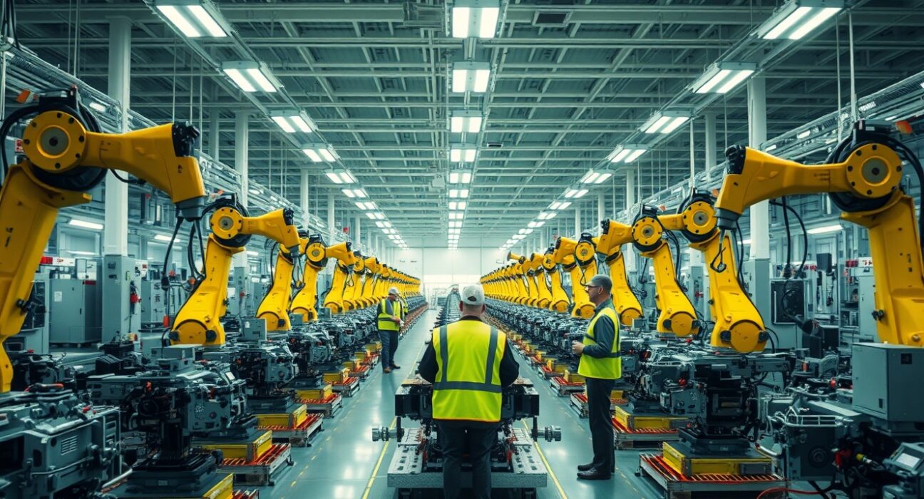 Interior of a modern Austrian manufacturing facility with robotic assembly line and workers