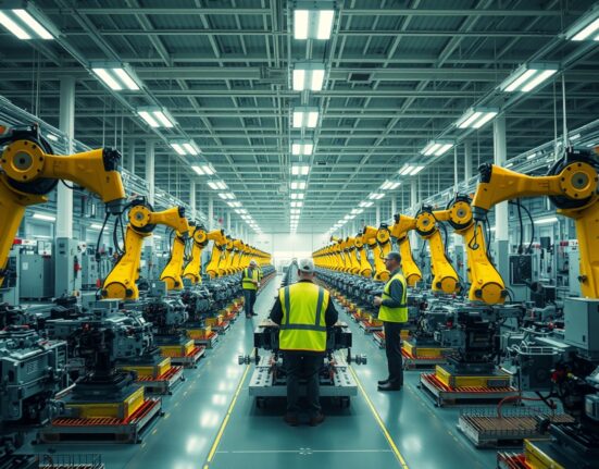 Interior of a modern Austrian manufacturing facility with robotic assembly line and workers