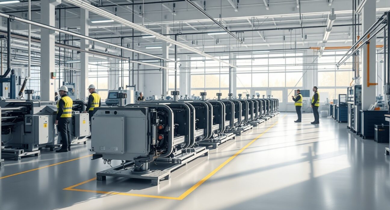 Interior view of an Austrian manufacturing facility with machinery and workers in the background