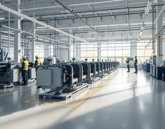 Interior view of an Austrian manufacturing facility with machinery and workers in the background