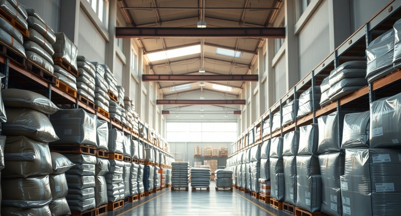 Interior of a modern Austrian warehouse with stacked goods, representing producer price inflation.