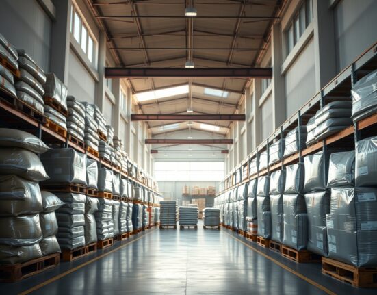 Interior of a modern Austrian warehouse with stacked goods, representing producer price inflation.