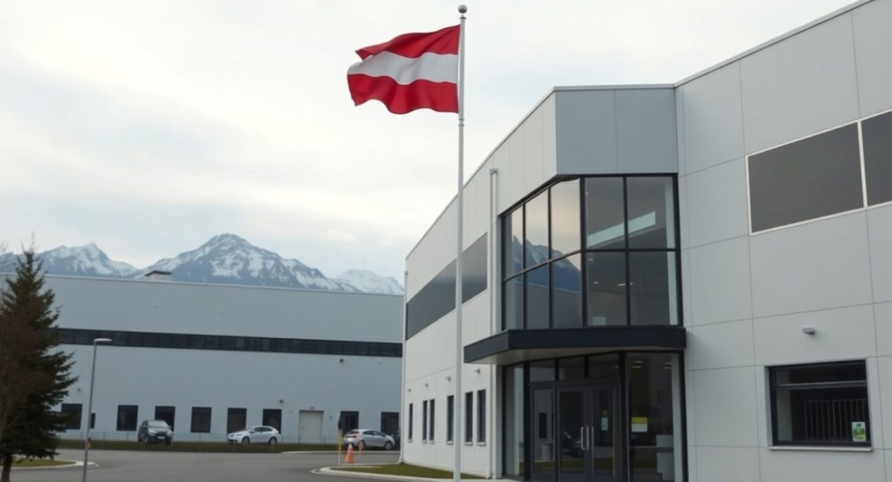 Exterior of an industrial factory in Austria with the Austrian flag, representing the country's producer price index data.