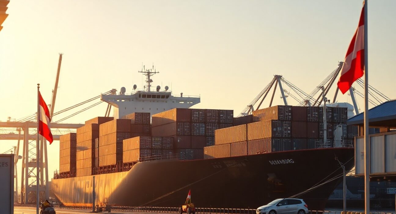 Container ship at a European port, symbolizing Austria's trade activity.