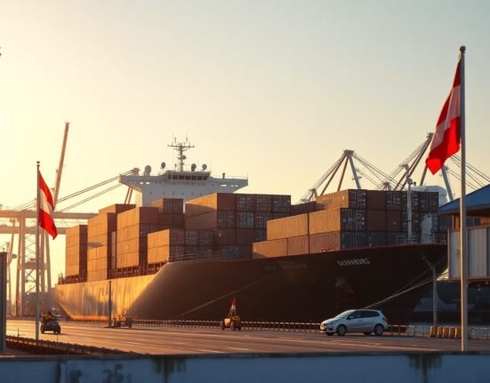 Container ship at a European port, symbolizing Austria's trade activity.