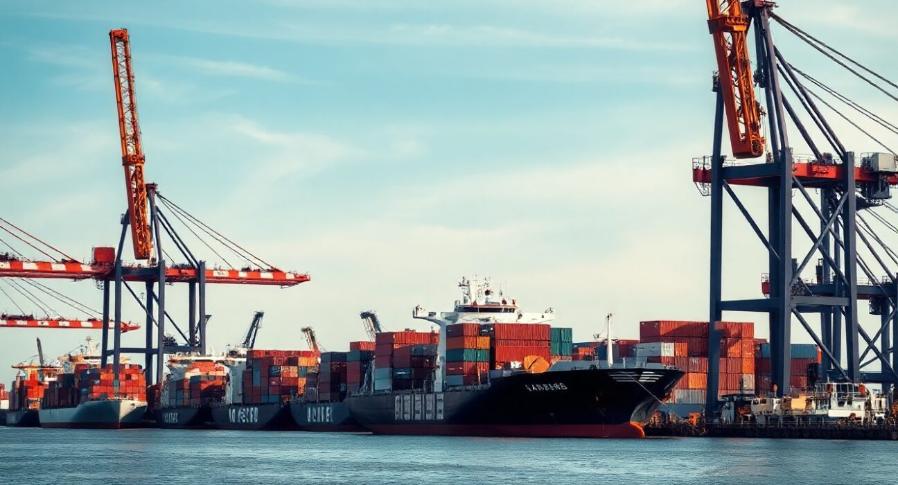 Container ships and cranes at a European port, representing Austria's international trade activity.