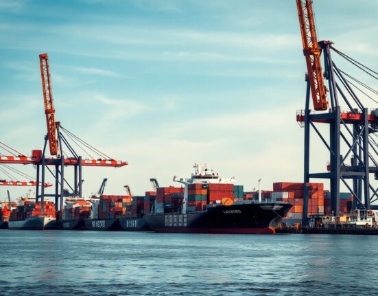 Container ships and cranes at a European port, representing Austria's international trade activity.