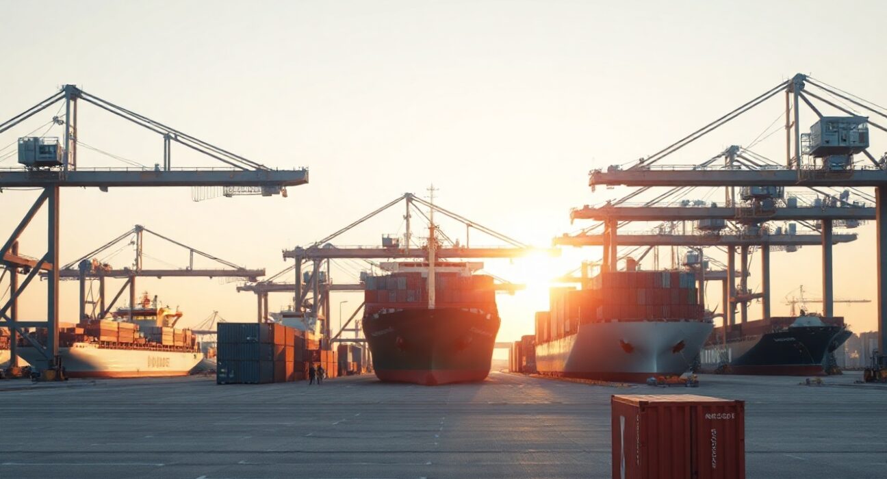 Aerial view of a busy Austrian cargo port at sunrise, with stacked containers and a ship.