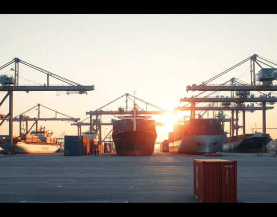 Aerial view of a busy Austrian cargo port at sunrise, with stacked containers and a ship.