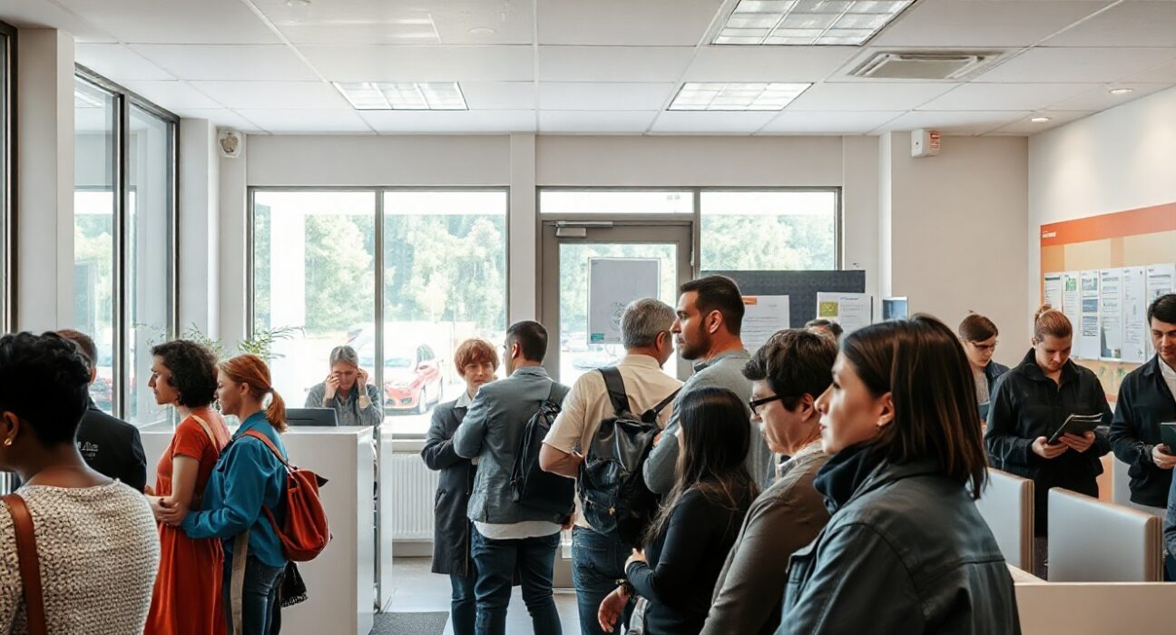 People at an Austrian employment office, reflecting the labor market situation in July 2025.