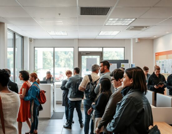 People at an Austrian employment office, reflecting the labor market situation in July 2025.