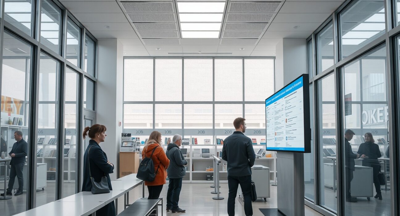Interior view of a modern job center in Vienna, Austria, with people reviewing job listings.