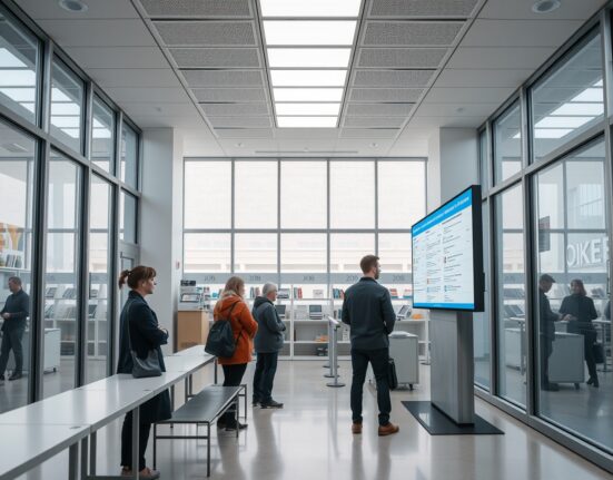 Interior view of a modern job center in Vienna, Austria, with people reviewing job listings.