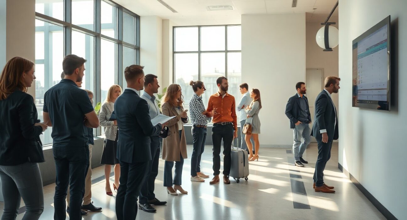 People waiting in an Austrian employment office, representing the steady unemployment rate.