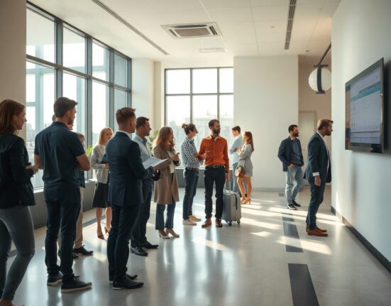 People waiting in an Austrian employment office, representing the steady unemployment rate.