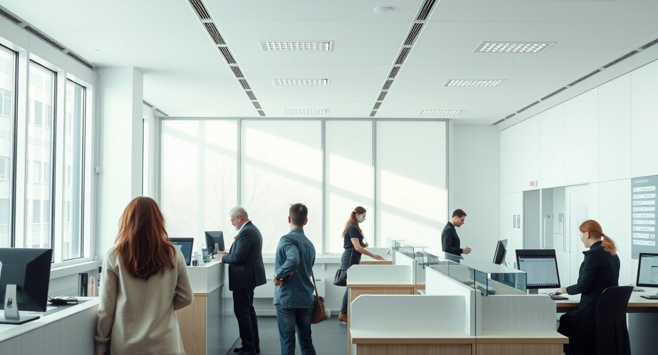 Interior of an Austrian public employment office with staff and visitors at service counters.