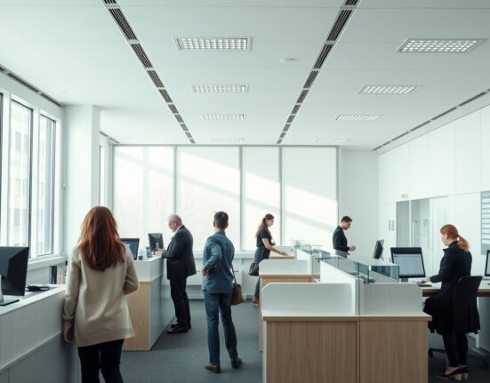 Interior of an Austrian public employment office with staff and visitors at service counters.