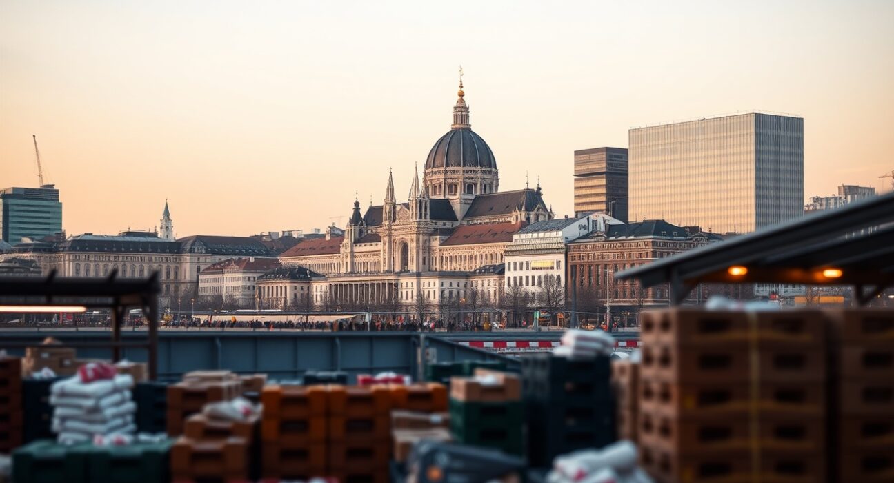 Vienna skyline at dusk with commercial buildings and wholesale market in foreground