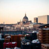 Vienna skyline at dusk with commercial buildings and wholesale market in foreground