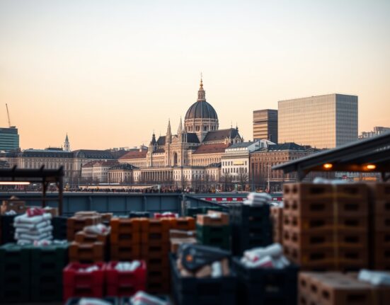 Vienna skyline at dusk with commercial buildings and wholesale market in foreground