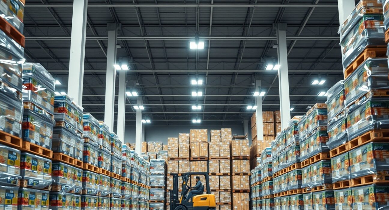 Interior of a wholesale distribution warehouse in Austria with stacked pallets of goods.
