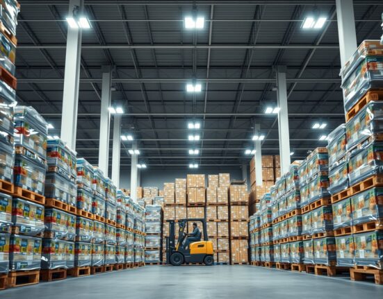 Interior of a wholesale distribution warehouse in Austria with stacked pallets of goods.