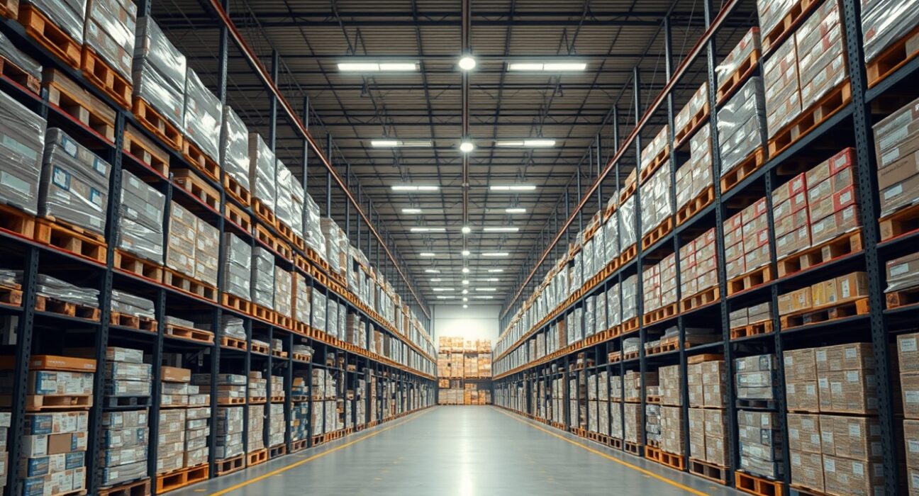 Interior of a modern wholesale warehouse in Austria with stacked pallets of goods.