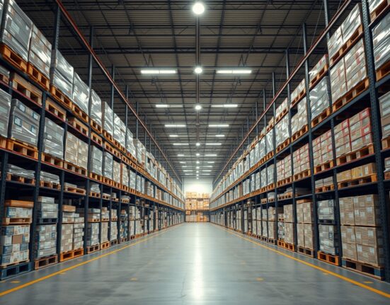 Interior of a modern wholesale warehouse in Austria with stacked pallets of goods.