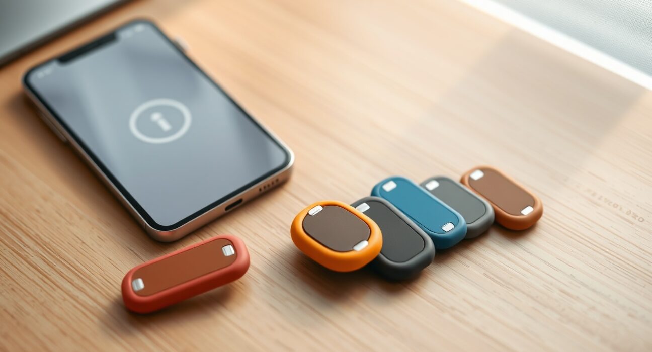 Autonomous Key NFC device in five colors placed next to a smartphone on a wooden desk