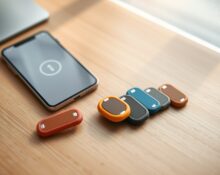 Autonomous Key NFC device in five colors placed next to a smartphone on a wooden desk