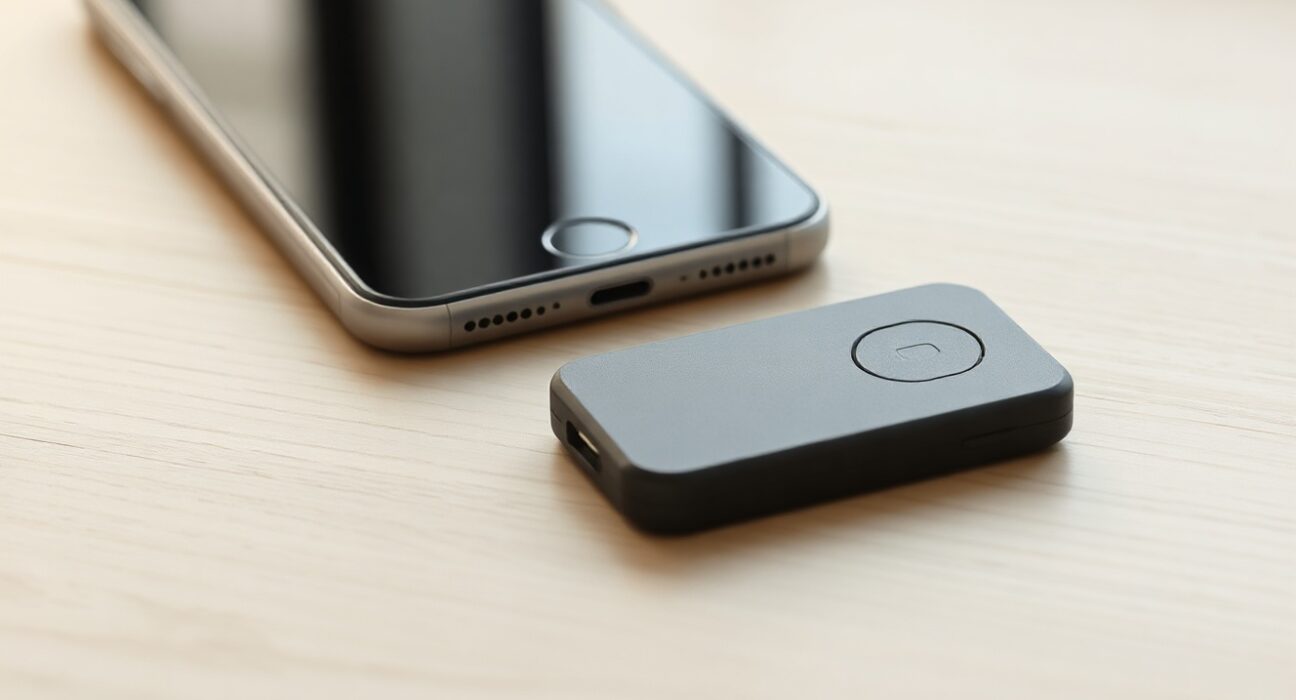 Autonomous Key NFC device next to a smartphone on a wooden desk