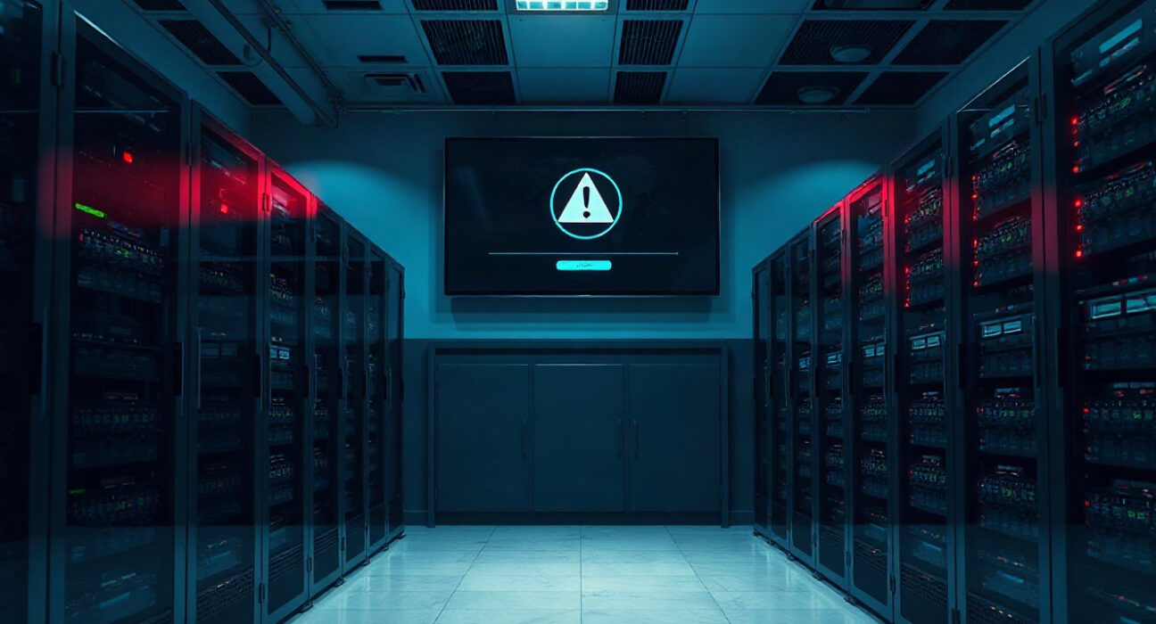Server room with monitoring screens indicating network status