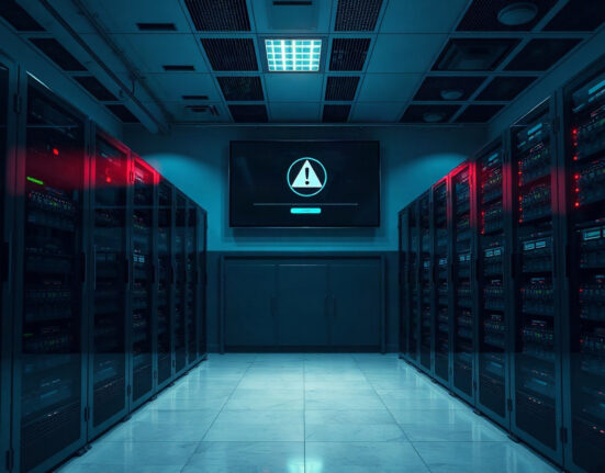Server room with monitoring screens indicating network status
