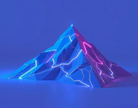 Avalanche blockchain network represented by a digital mountain peak with glowing circuit patterns.