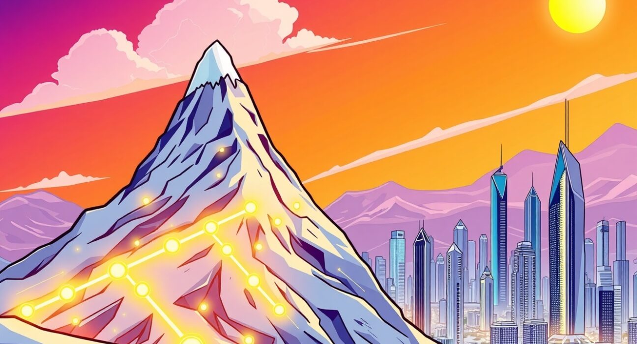 Avalanche blockchain network expanding to Abu Dhabi's global market with a vibrant digital connection.