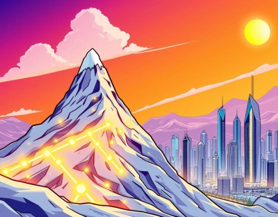 Avalanche blockchain network expanding to Abu Dhabi's global market with a vibrant digital connection.