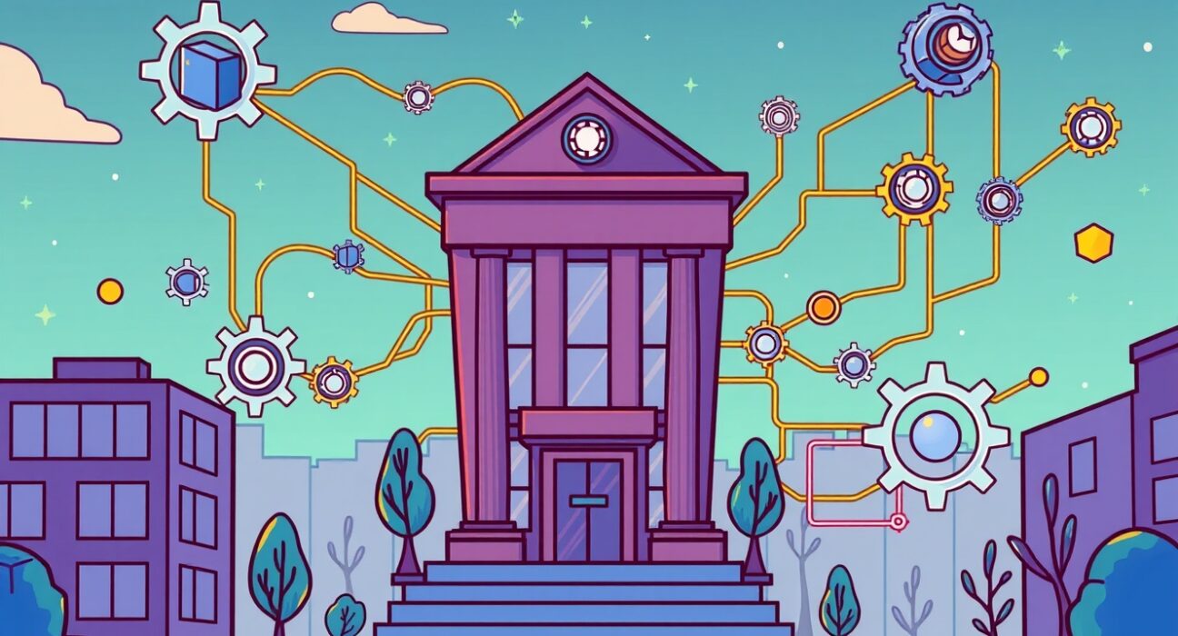 Cartoon showing Avalanche's subnet architecture seamlessly integrating into corporate systems, symbolizing its success in driving Avalanche enterprise adoption.