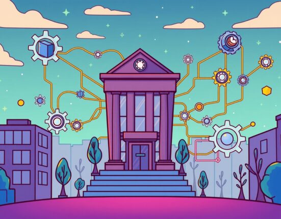 Cartoon showing Avalanche's subnet architecture seamlessly integrating into corporate systems, symbolizing its success in driving Avalanche enterprise adoption.